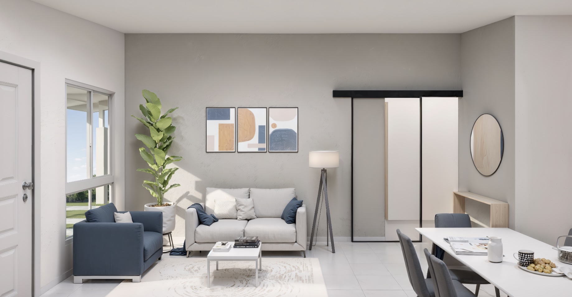 Sala y comedor de la casa modelo de Valverde Residencial